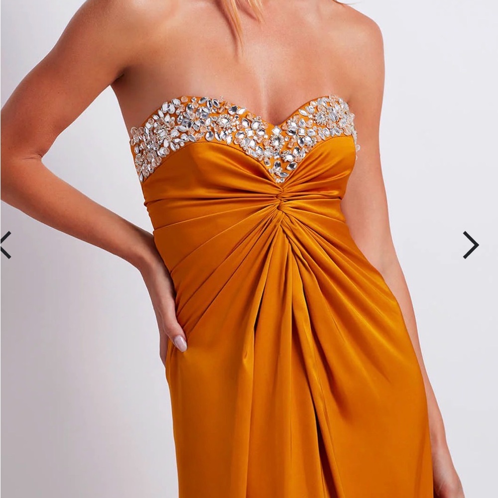 PATBO
Hand Beaded Strapless Gown in Mustard